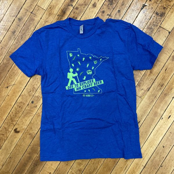 Blue t-shirt with "Off to Explore MN Craft Beer" text and icon of person hiking as well as beer icons throughout a MN state outline